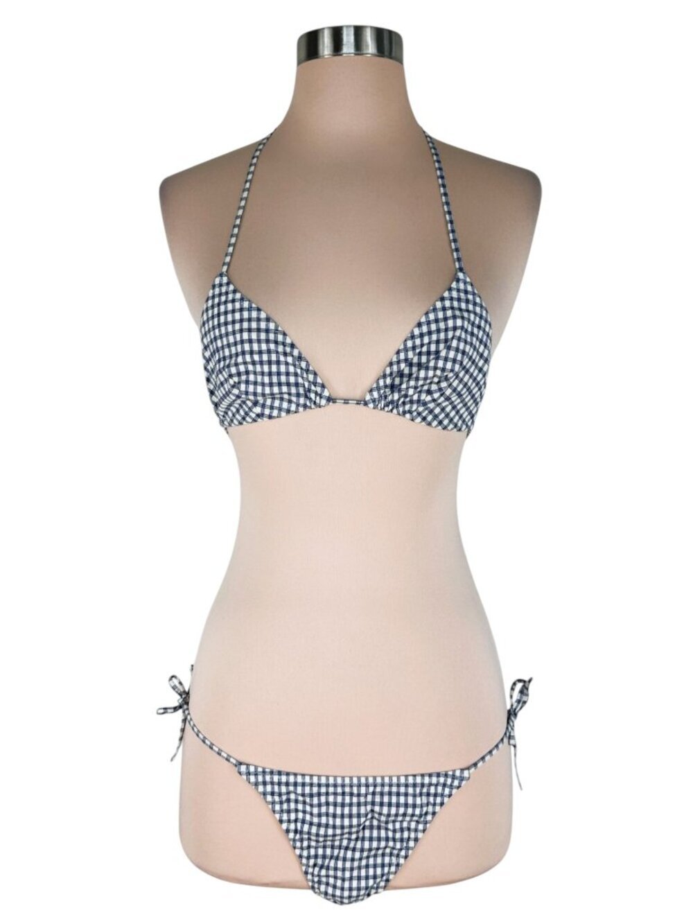 Cacharel Paris France Vintage 2 Piece String Bikini Swimsuit Navy Ivory Check S